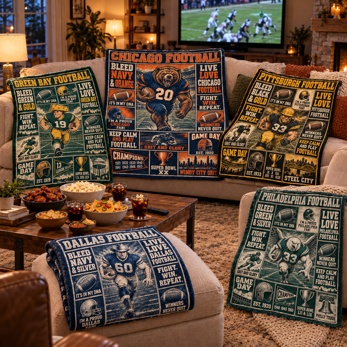 Vintage city football blankets on a game day couch – Green Bay, Chicago, Pittsburgh, Dallas, Philadelphia designs