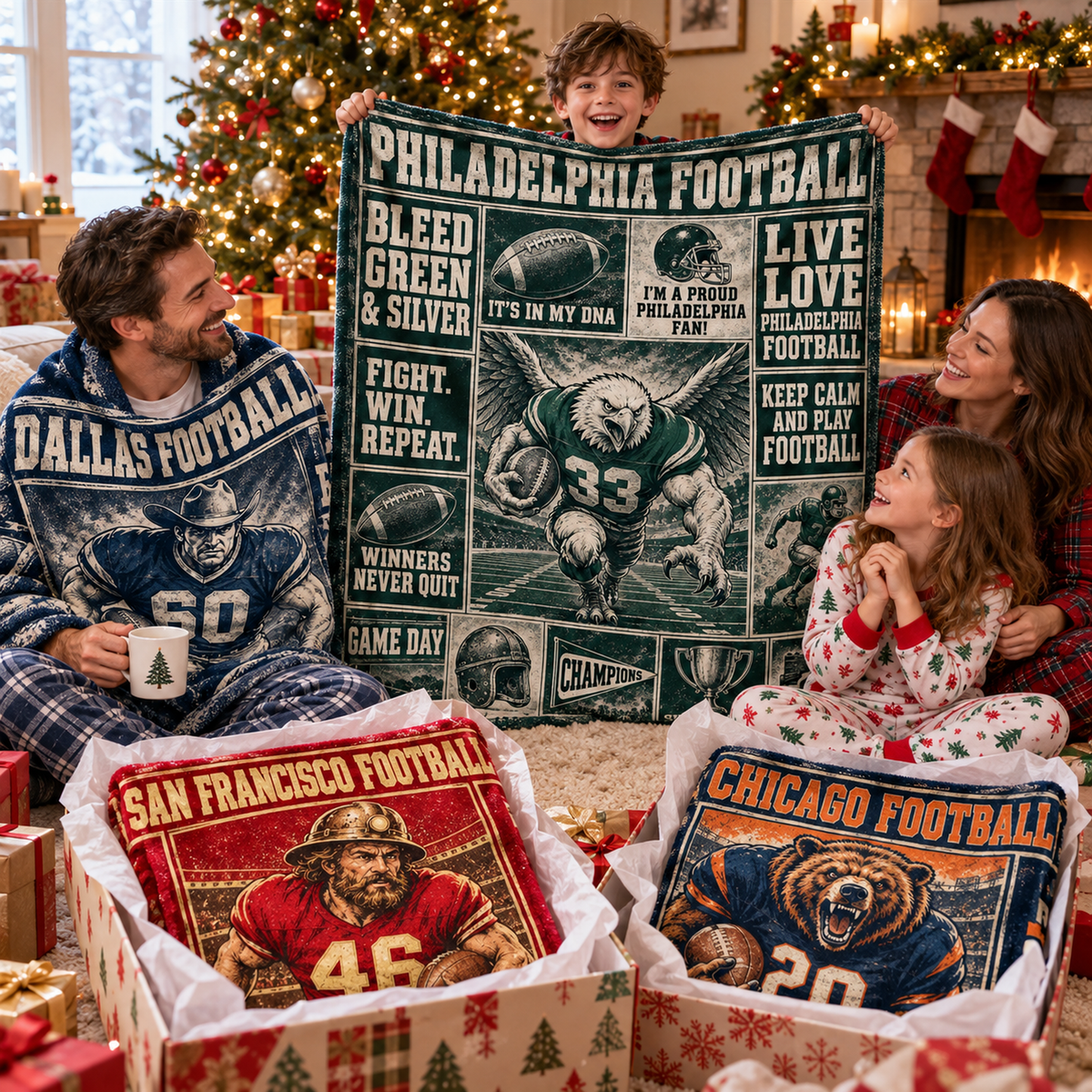 Christmas morning family with Dallas, Philadelphia, San Francisco and Chicago football blankets as gifts