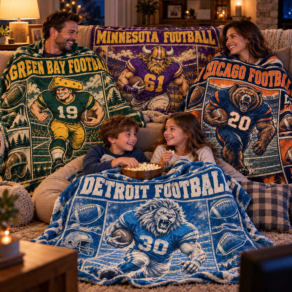 House divided family movie night under Green Bay, Minnesota, Chicago and Detroit football blankets